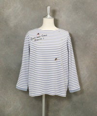 ビーズ刺繍七分袖ボーダープルオーバー(ブルー)前