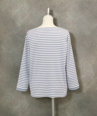 ビーズ刺繍七分袖ボーダープルオーバー(ブルー)後ろ