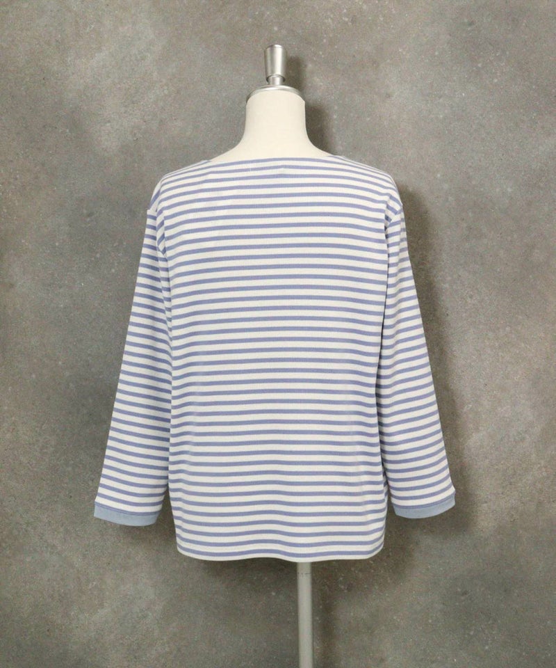 ビーズ刺繍七分袖ボーダープルオーバー(ブルー)後ろ