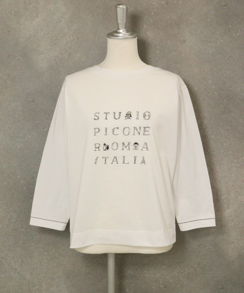 ラメ刺繍UV速乾七分袖プルオーバー（ホワイト×グレー）