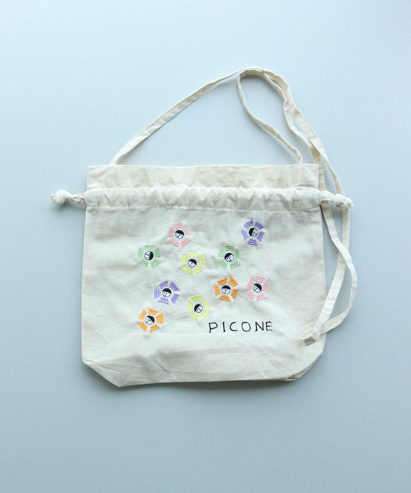 刺繍巾着ショルダーバッグ（マルチ）前