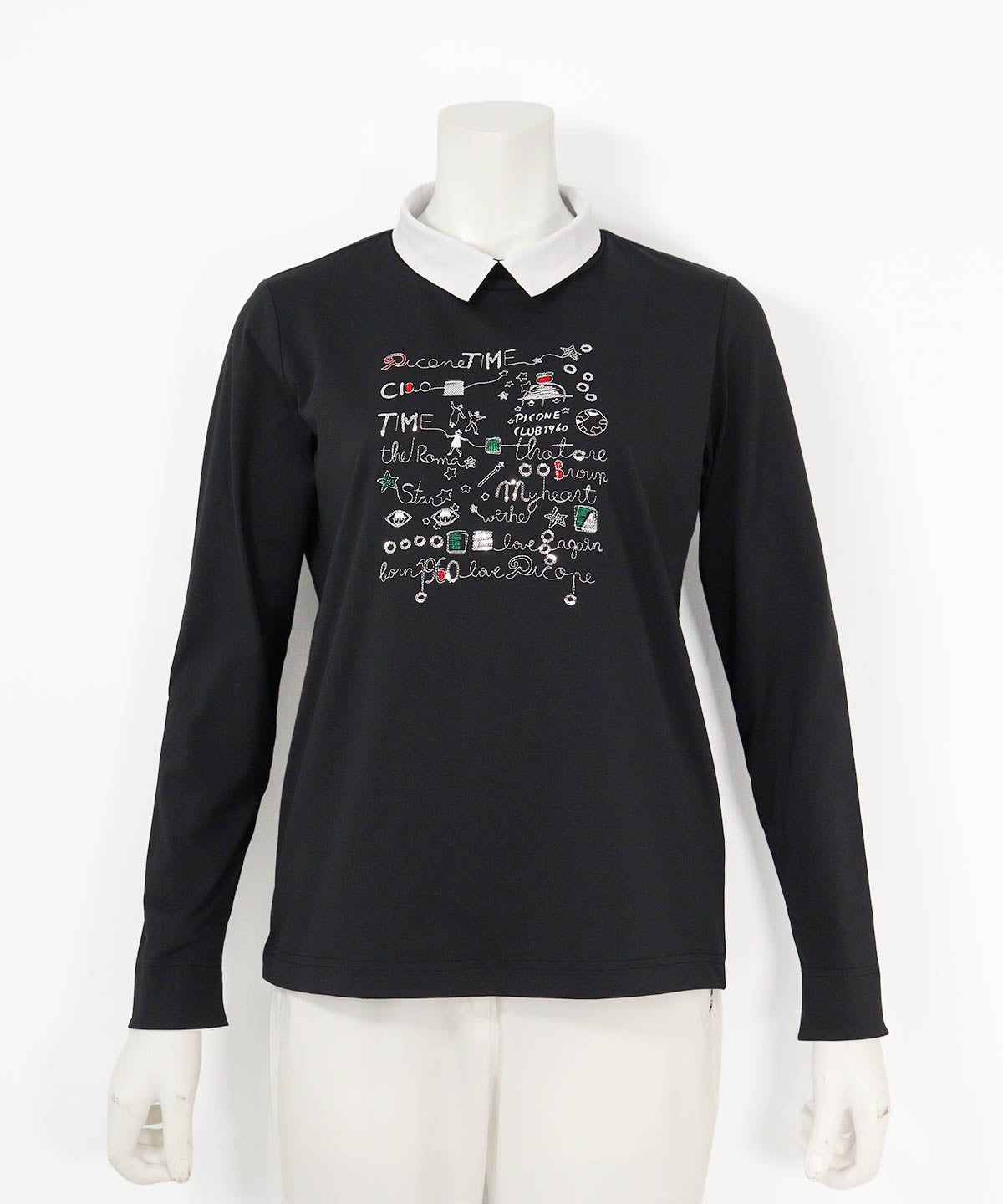 襟付きUV速乾刺繍プルオーバー(ブラック)前