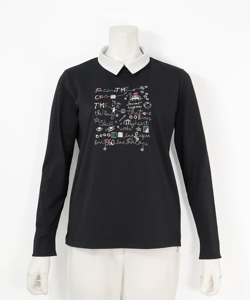 襟付きUV速乾刺繍プルオーバー(ブラック)前