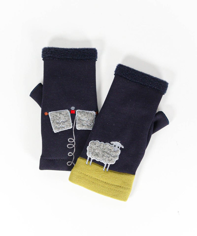 アップリケ刺繍フィンガーレス手袋（ネイビー）