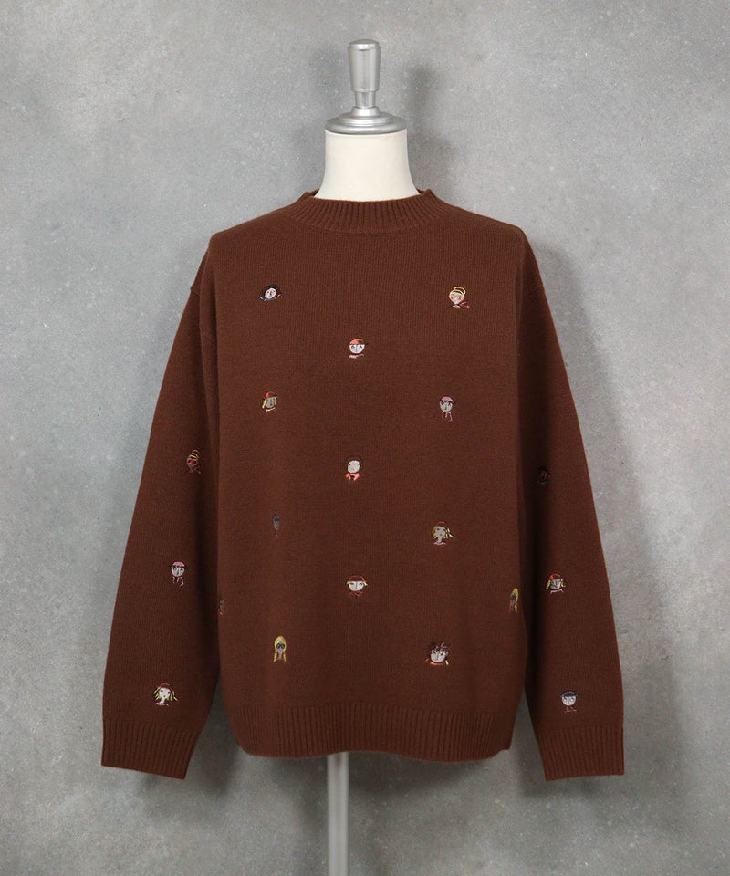 ウール100％カラフル刺繍ニット(ブラウン)前