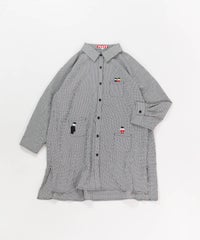 ギンガム柄七分袖刺繍ポケットブラウス（ブラック）平置き