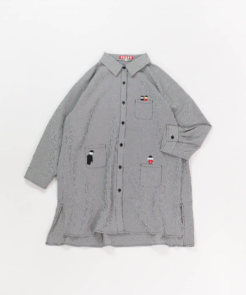 ギンガム柄七分袖刺繍ポケットブラウス（ブラック）平置き