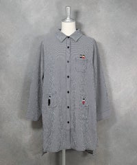 ギンガム柄七分袖刺繍ポケットブラウス（ブラック）前