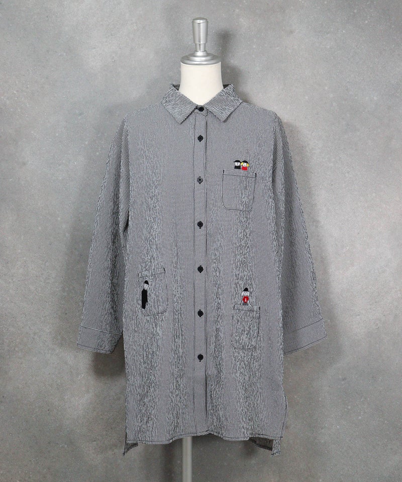 ギンガム柄七分袖刺繍ポケットブラウス（ブラック）前